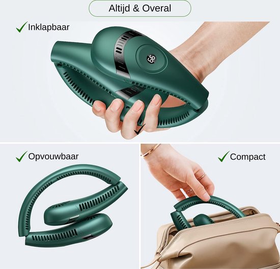 Nekventilator Deluxe Groen– Draadloos & Oplaadbaar – 5000mAh Batterij – LED Display – 5 Standen