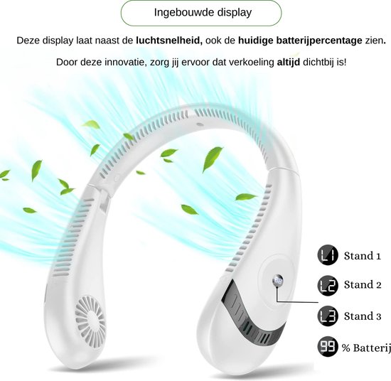Nekventilator Deluxe Wit– Draadloos & Oplaadbaar – 5000mAh Batterij – LED Display – 5 Standen