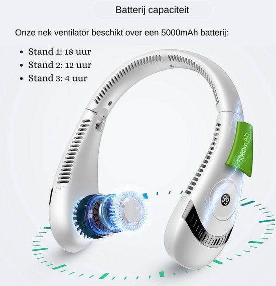 Nekventilator Deluxe Zwart – Draadloos & Oplaadbaar – 5000mAh Batterij – LED Display – 5 Standen